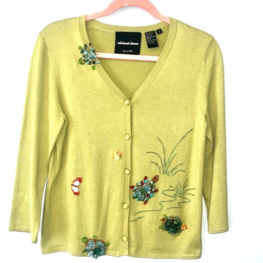 Michael Simon Silk Cardigan Knit Embellished
Turtle Art to Wear Sweater Sz Sm
